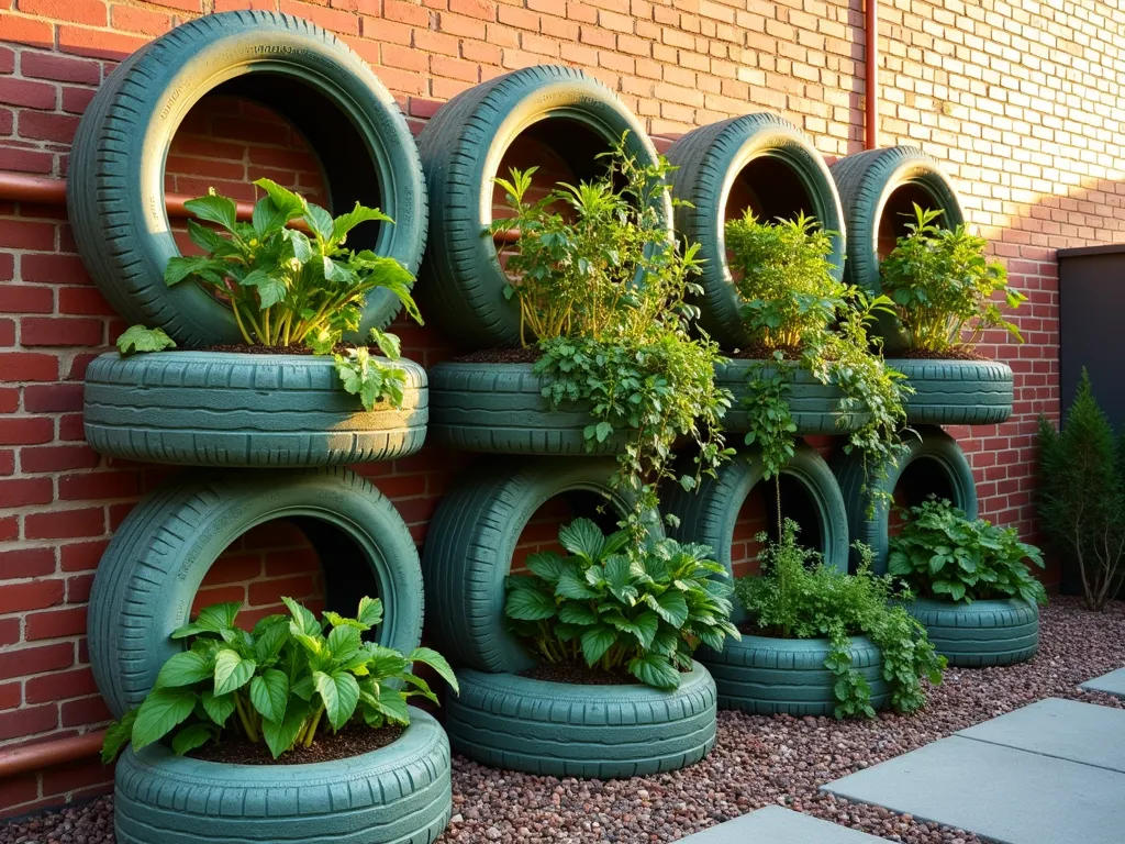 Vertical Tire Garden Wall with Urban Vegetables - A creative vertical garden wall made from recycled tires arranged in a stepped pattern against an urban courtyard wall, photographed during golden hour. The tires are painted in muted sage green and charcoal colors, filled with thriving vegetables at different levels. Lower tires contain leafy Swiss chard and lettuce varieties, middle section showcases tomato plants and climbing peas on integrated trellises, while the upper tires burst with herbs and compact peppers. A modern drip irrigation system weaves through the structure with copper-colored piping. The setting sun casts warm light across the vegetables, creating depth and texture. Shot with a wide-angle lens at f/8, capturing the entire wall while maintaining crisp detail of the plants and industrial-urban aesthetic. Natural brick wall backdrop with minimal urban garden space below featuring decomposed granite ground cover.