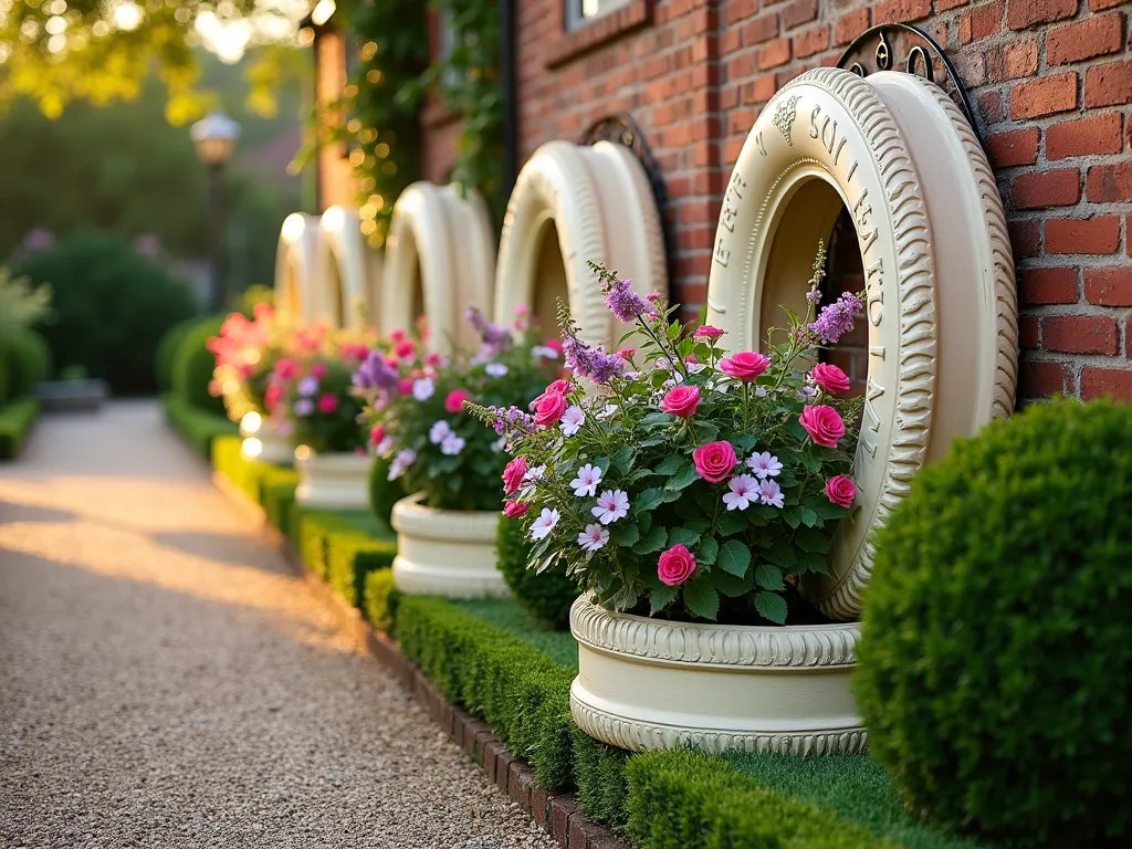 Victorian Tire Planter Garden Fence - A charming garden boundary featuring repurposed tires transformed into elegant Victorian-style planters, shot during golden hour. The tires are painted in a sophisticated cream color with ornate white decorative moldings and architectural details reminiscent of Victorian era design. Arranged in a formal, symmetrical pattern along a weathered brick wall, each tire planter overflows with cascading pink roses, purple foxgloves, and white phlox. The scene is captured in a three-quarter view angle, showing depth and dimension, with dappled sunlight casting intricate shadows through the flowering plants. The ground features a neat gravel path bordered by perfectly trimmed boxwood hedges, creating a heritage garden aesthetic. Ornate wrought iron elements connect the tire planters, enhancing the Victorian theme.