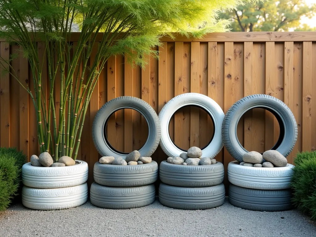 Zen Garden Tire Screen with Bamboo - A serene garden screen made from recycled tires painted in soft dove gray and crisp white, arranged in a harmonious geometric pattern against a natural wood fence. The tires are artfully stacked in alternating heights, some containing tall, graceful bamboo plants swaying gently in the breeze, while others are filled with polished river rocks in varying sizes. Golden evening sunlight casts long shadows through the bamboo leaves, creating a peaceful meditation space. Shot from a medium-wide angle to show the full composition and spatial relationship, with subtle depth of field highlighting the textural contrasts between smooth rocks, painted tires, and delicate bamboo leaves. Professional DSLR photo with natural lighting emphasizing the calming zen aesthetics.