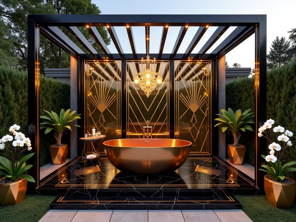 Art Deco Garden Bathing Pavilion - A luxurious outdoor garden bathroom pavilion at dusk, photographed from a medium-wide angle, featuring a stunning freestanding copper bathtub centered beneath a geometric Art Deco-style pergola. The pergola showcases bold black and gold metalwork in signature zigzag and sunburst patterns, with crystal pendant lights casting a warm glow. Mirrored panels line the partial privacy walls, reflecting the lush surrounding garden and amplifying the golden hour light. The tub area is elevated on a black marble platform with gold inlay patterns, surrounded by potted palms and white orchids in geometric gold planters. A vintage gold bar cart holds luxury bath accessories, while water features create a spa-like ambiance. DSLR photo with natural and ambient lighting, f/8, ISO 100, 1/125s, capturing the perfect balance of architectural detail and atmospheric mood.