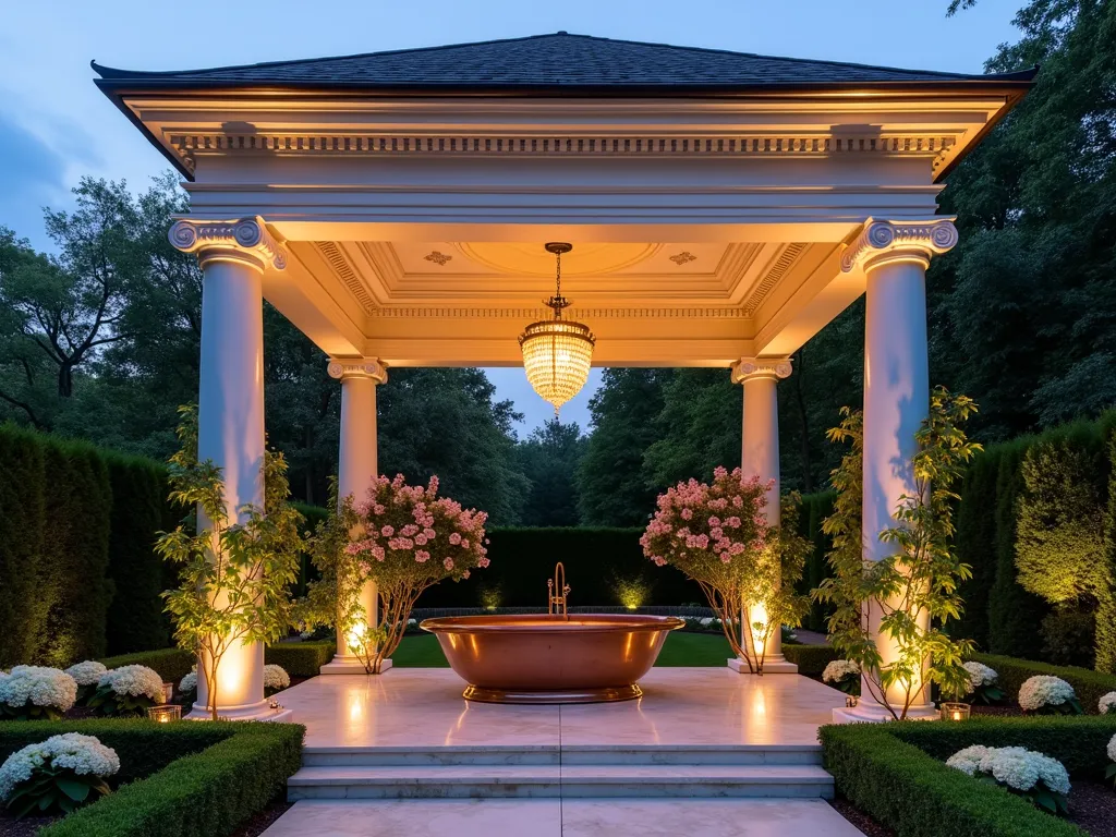 Elegant Outdoor Garden Tub Pavilion with Classical Columns - A luxurious outdoor garden tub pavilion at dusk, bathed in warm ambient lighting. Four majestic white Corinthian columns frame a freestanding copper soaking tub on a raised marble platform. Ornate crown molding and detailed millwork adorn the pavilion's ceiling. Climbing jasmine and wisteria gracefully wind around the columns. Crystal pendant chandeliers cast a romantic glow. The surrounding garden features perfectly manicured boxwood hedges and white hydrangeas. A wide-angle shot captures the entire classical structure with subtle landscape lighting illuminating the architectural details. Soft evening sky visible through the open-air pavilion roof.