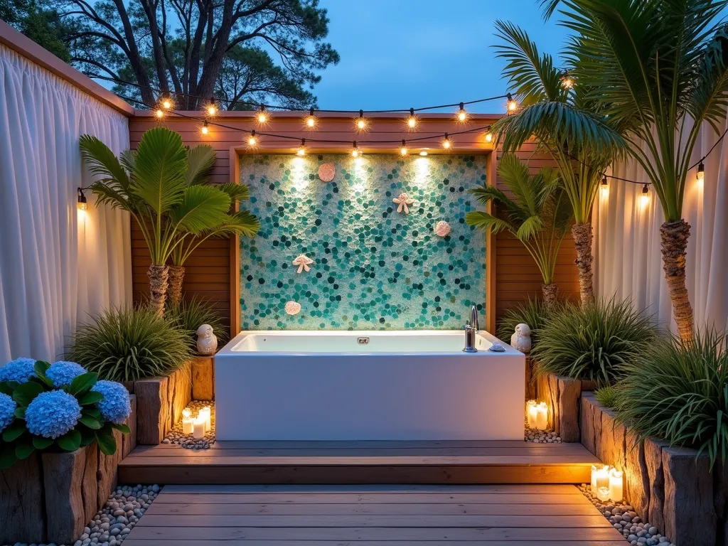 Coastal Garden Spa Retreat at Dusk - A luxurious outdoor garden spa area at dusk, photographed with a wide-angle lens, featuring a freestanding white soaking tub nestled within a private cedar deck sanctuary. The tub is surrounded by weathered driftwood planters filled with coastal grasses and blue hydrangeas. Sea glass-inspired mosaic tiles in varying shades of aqua and seafoam green create a stunning backdrop wall. Natural shell sculptures and weather-resistant coral motif artwork adorn the space. Soft uplighting illuminates potted palm trees, while string lights draped overhead create a dreamy atmosphere. A natural jute privacy screen and white billowing outdoor curtains provide intimacy. The space is accented with beach-worn stepping stones and small water features creating gentle, spa-like sounds. Captured during blue hour for optimal ambient lighting, emphasizing the coastal retreat atmosphere.