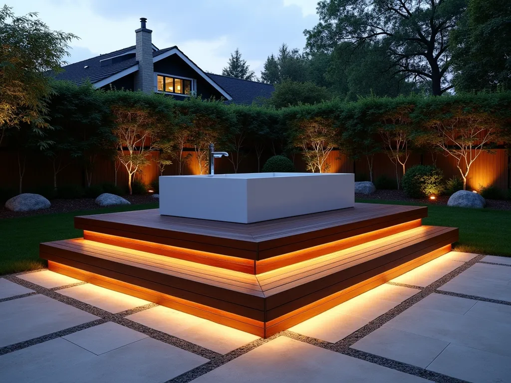 Elevated Garden Tub Platform at Dusk - A luxurious outdoor garden tub set on an elevated dark teak platform with clean geometric lines, photographed at dusk in a serene backyard setting. The modern platform features built-in storage drawers and is surrounded by natural stone pavers. Warm LED strip lighting underneath creates a dramatic floating effect, casting a gentle glow on the surrounding deck area. The freestanding white stone tub contrasts beautifully with the rich wood tones. Minimal zen-inspired landscaping with bamboo screens provides privacy, while subtle landscape lighting illuminates the space. Wide-angle perspective capturing the entire platform installation with mood lighting.