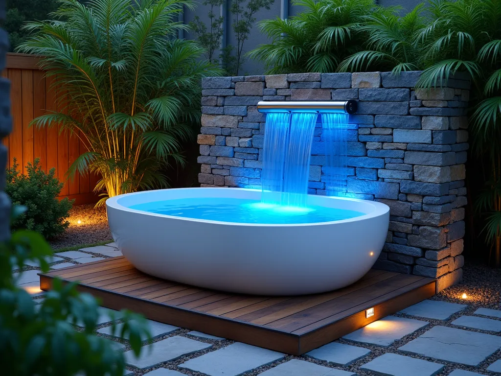 Illuminated Garden Tub Waterfall - A luxurious outdoor garden tub set against a natural stone wall, featuring a crystal-clear waterfall cascading from decorative glass panels illuminated by soft blue LED lights. The freestanding white porcelain tub sits on a raised teak deck platform, surrounded by tropical ferns and bamboo. Captured at dusk with a wide-angle perspective, showing the ethereal glow of the waterfall feature reflecting in the still water of the tub. Natural stone pavers lead to the tub area, while strategically placed landscape lighting creates a spa-like ambiance. Shot with shallow depth of field emphasizing the flowing water texture.