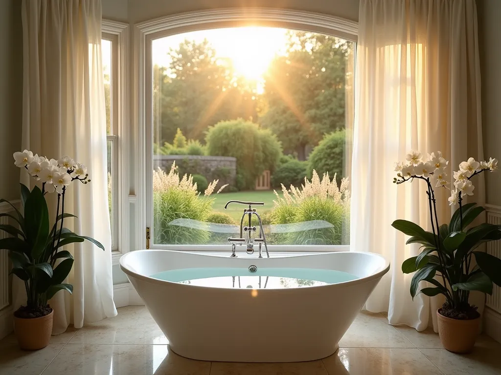 Luxurious Bay Window Garden Tub - A luxurious freestanding white soaking tub positioned beneath an elegant bay window at golden hour, DSLR wide-angle shot, f/8, ISO 100. The window frames a meticulously landscaped garden with flowering hydrangeas and ornamental grasses swaying in the breeze. Gossamer white curtains flutter gently, filtering warm sunlight that creates a ethereal ambiance. The bathroom features natural stone flooring, transitioning seamlessly to the window view. Crystal-clear water in the tub reflects the garden scenery, while spa accessories and potted orchids accent the space. Soft bokeh effect on the garden background creates depth, highlighting the indoor-outdoor connection. Professional architectural photography style with dramatic natural lighting.