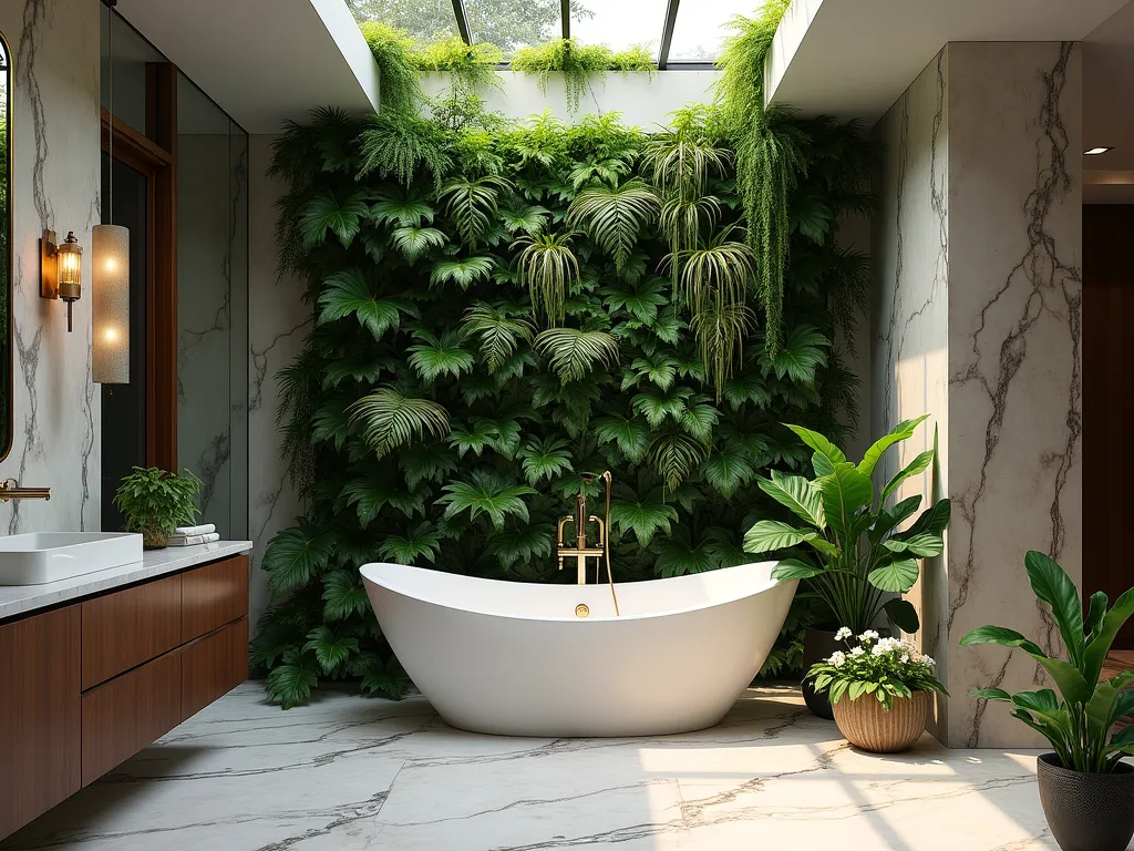 Luxurious Living Wall Garden Tub Sanctuary - A stunning photographic capture of a luxurious garden tub bathroom featuring a floor-to-ceiling living wall at dusk. The living wall showcases a lush vertical garden with cascading ferns, philodendrons, and peace lilies in varying shades of green, creating a dramatic natural backdrop. Soft ambient lighting highlights the textural contrast between smooth marble surfaces and the organic plant life. The wall incorporates a subtle irrigation system with water trickling down natural stone elements. Shot with a wide-angle perspective at f/2.8, capturing the entire wall's grandeur while maintaining intimate detail in the foliage. Natural light filters through a skylight, creating gentle shadows and highlighting the moisture droplets on the leaves. Photorealistic, architectural photography style, 16-35mm lens, ISO 400.