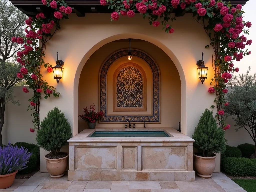 Mediterranean Garden Tub Alcove at Dusk - A luxurious outdoor Mediterranean-style garden tub nestled within a grand stone archway on a covered patio, photographed at dusk from a wide angle. The arched alcove features weathered cream-colored textured plaster walls adorned with intricate hand-painted blue and terracotta tiles. Ornate wrought iron wall sconces cast a warm, golden glow across the space. Climbing bougainvillea frames the arch, while potted olive trees and lavender plants create a serene Mediterranean garden atmosphere. The deep soaking tub sits on a natural stone platform with mosaic tile detailing. A delicate wrought iron privacy screen partially obscures one side, and copper water features provide gentle ambient sounds.