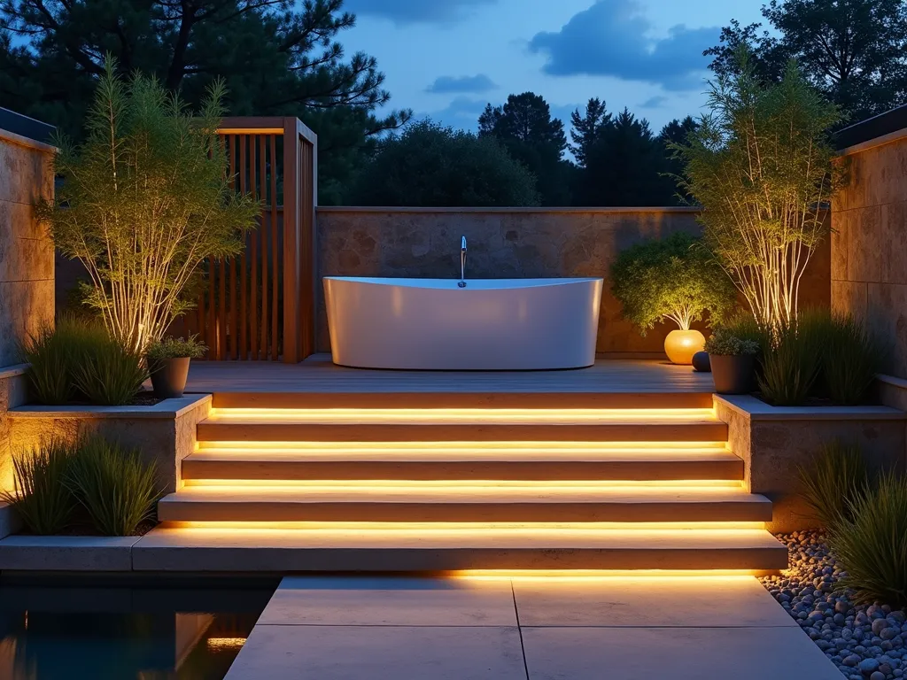 Illuminated Floating Steps to Garden Tub - A twilight photograph of an elegant outdoor garden tub area, featuring modernist floating concrete steps illuminated by warm LED strip lighting. The steps ascend to an elevated wooden platform where a luxurious white freestanding soaking tub sits surrounded by potted bamboo and ornamental grasses. The composition is captured from a low angle using a 16-35mm wide lens at f/2.8, emphasizing the floating effect of the steps against a backdrop of natural stone walls. Subtle landscape lighting highlights architectural plants, while the evening sky casts a deep blue glow over the scene. The minimal, contemporary design incorporates glass railings and weathered teak accents, creating a seamless indoor-outdoor spa experience.