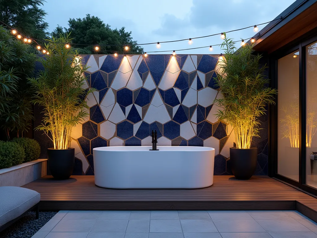 Modern Geometric Outdoor Spa Retreat - A luxurious outdoor garden tub area at dusk, photographed with a DSLR wide-angle lens. The focal point is a stunning geometric tile wall featuring a bold pattern of hexagons and diamonds in shades of deep blue, pearl white, and gold. The freestanding white soaking tub sits on a raised deck platform against the tiled backdrop. Bamboo plants in sleek black planters frame both sides of the tub, while string lights draped overhead create a magical ambiance. The surrounding space includes minimalist teak furniture and glass privacy screens. Soft uplighting illuminates the tile pattern, creating dramatic shadows. Shot at f/8, ISO 100, capturing the interplay of natural twilight and ambient lighting.