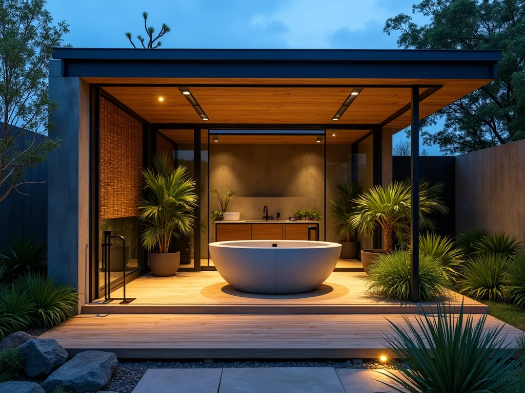 Modern Industrial Garden Bathroom Oasis - A stunning dusk shot of a luxury outdoor garden bathroom pavilion with floor-to-ceiling glass walls, featuring a freestanding concrete soaking tub as the centerpiece. The structure combines industrial elements with natural beauty, showcasing exposed steel beams, polished concrete floors, and matte black fixtures. Warm LED strip lighting illuminates the space, while strategic spotlights highlight tropical plants surrounding the tub. Natural wood decking extends from the bathroom to create an intimate outdoor terrace. Bamboo screens provide privacy while maintaining an open feel. The bathroom pavilion is nestled within a modern zen garden with architectural grasses and stone pathways. Professional architectural photography style, dramatic lighting, ultra-detailed, 8k resolution.