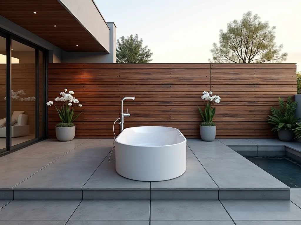 Zen Modern Garden Tub Retreat - A stunning modern outdoor garden tub area photographed at golden hour, featuring a pristine white freestanding soaking tub nestled within a minimalist concrete deck. The tub is surrounded by large-format gray stone tiles creating a serene platform, with sleek floating wooden benches on either side. Floor-to-ceiling privacy screens made of horizontal cedar slats provide elegant seclusion. Simple potted bamboo plants and singular white orchids in modern concrete planters add subtle natural elements. A glass panel overhead allows natural light while offering protection. Soft evening light casts gentle shadows across the monochromatic space, highlighting the clean lines and zen-like simplicity. Shot with a wide-angle lens to capture the entire spa-like setting while emphasizing the dramatic architectural elements.