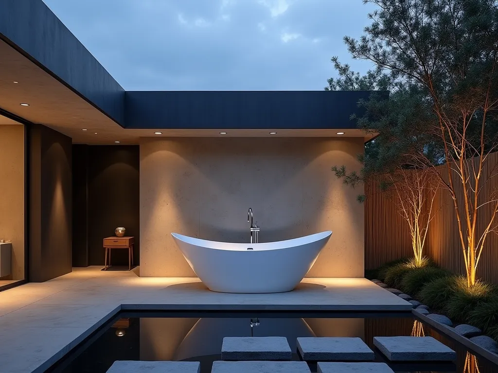 Sculptural Garden Tub in Modern Zen Courtyard - A dramatic dusk scene of a luxurious outdoor bathroom pavilion featuring a striking white freestanding garden tub with bold, sculptural curves set against a minimalist concrete backdrop. The tub is centered in a private courtyard surrounded by tall bamboo screens and floating stepping stones over a shallow reflection pool. Architectural LED lighting casts dramatic shadows, highlighting the tub's artistic silhouette. Clean lines and monochromatic elements create a spa-like atmosphere, with strategic uplighting on surrounding Japanese maple trees. Shot from a wide angle to capture the entire zen-inspired space, with the tub as the stunning focal point.