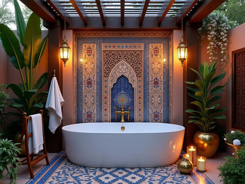 Moroccan Garden Tub Oasis - A luxurious outdoor garden tub sanctuary at dusk, photographed with a wide-angle lens capturing the entire space. The freestanding white porcelain tub is surrounded by stunning blue and terracotta Moroccan zellige tiles forming intricate geometric patterns on raised walls. Ornate brass lantern-style pendant lights hang from a wooden pergola overhead, casting warm, ambient lighting. Potted Mediterranean palm trees and cascading jasmine vines frame the space. Antique brass fixtures, including a vintage-style faucet and hand shower, complement the design. Plush Turkish towels are draped over a carved wooden stand. Mosaic tile work extends to the floor in a stunning starburst pattern, while carved wooden screens provide privacy. Scattered Moroccan glass votives and brass vessels with fresh roses complete the exotic spa-like atmosphere. The scene is captured during the golden hour, with soft natural light mixing with the warm glow of the lanterns.