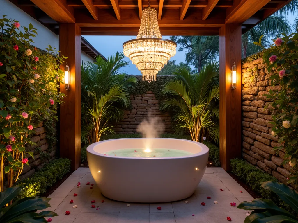 Luxurious Outdoor Garden Tub with Crystal Chandelier - A luxurious freestanding garden tub nestled in a private outdoor courtyard at dusk, illuminated by an ornate crystal chandelier suspended from a wooden pergola. The tub is surrounded by lush tropical foliage, including towering bamboo and cascading orchids. Soft uplighting highlights the surrounding stone privacy walls covered in climbing jasmine. The scene is captured from a wide angle, showing the dramatic interplay between the chandelier's crystal reflections on the water's surface and the natural garden elements. Warm ambient lighting creates a sophisticated spa-like atmosphere, with scattered rose petals around the tub's rim and subtle steam rising from the water. Modern copper sconces complement the main chandelier, while natural stone pavers create an elegant pathway to the bathing area.