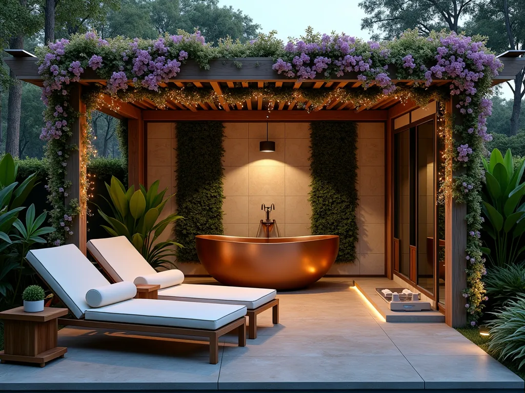 Outdoor Garden Spa Sanctuary - A luxurious outdoor garden spa corner at dusk, photographed with a wide-angle lens. A magnificent freestanding copper garden tub sits beneath a pergola draped with wisteria and twinkling fairy lights. The tub is surrounded by natural stone flooring and lush tropical plants. A sleek glass-enclosed steam shower stands adjacent, with water cascading down its marble walls. Modern heated towel racks in brushed gold finish are mounted on a privacy wall covered in climbing jasmine. A sophisticated teak beverage cart holds crystal decanters and spa amenities. Plush waterproof chaise lounges with cream cushions provide seating, while built-in cedar storage cabinets house fluffy white towels and spa essentials. Soft landscape lighting creates a warm, intimate atmosphere, with Japanese maple trees providing privacy screening. A small trickling water feature adds to the zen atmosphere.