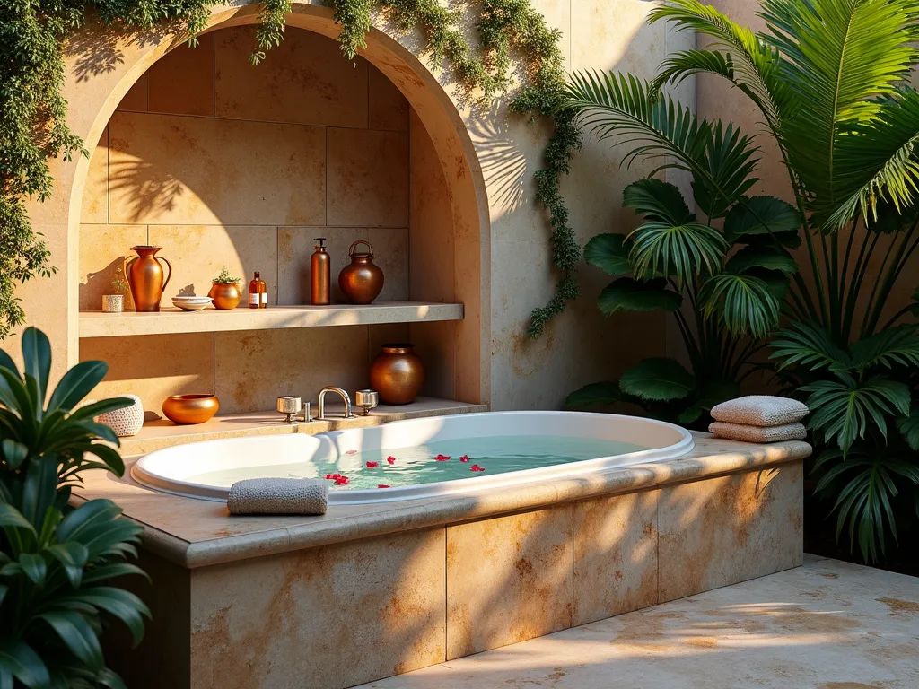 Outdoor Garden Tub Natural Stone Haven - A luxurious outdoor garden tub nestled within a private courtyard garden, photographed at golden hour. The freestanding soaking tub is surrounded by elegant natural stone walls featuring mixed travertine and marble in warm earth tones. Built-in stone shelving holds copper water vessels and botanical toiletries. Climbing jasmine and cascading ferns drape over the stone surround, while strategic uplighting creates dramatic shadows on the textured stone surface. Steam gently rises from the filled tub, with scattered rose petals floating on the water's surface. Shot with a wide-angle perspective that captures both the tub setting and the surrounding tropical foliage, creating an intimate spa-like atmosphere.