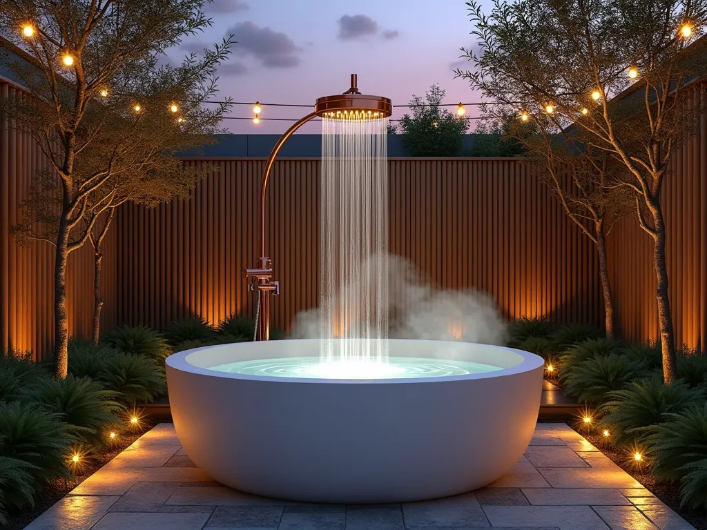 Outdoor Garden Tub with Cascading Rain Shower - A luxurious freestanding garden tub nestled in a private outdoor zen garden setting at dusk, illuminated by soft landscape lighting. A modern, large circular rainfall shower head mounted on an elegant copper arch cascades water into the pristine white tub. The tub is surrounded by natural stone pavers, tall bamboo screens, and lush ferns. Japanese maple trees provide dappled privacy, while string lights twinkle overhead. Steam rises gently from the water surface, creating a misty, spa-like atmosphere. Wide-angle shot capturing the entire serene scene with subtle purple and orange sunset hues in the background.