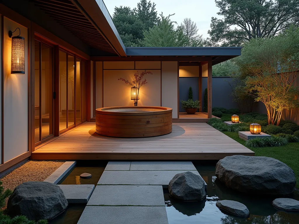 Outdoor Japanese Soaking Tub Sanctuary - A serene outdoor Japanese soaking tub sanctuary at twilight, photographed with a wide-angle lens capturing the deep cedar ofuro tub nestled within a private Zen garden setting. Natural stone pavers lead to the elevated wooden deck where the minimalist tub resides. Traditional shoji screens create an elegant backdrop, filtering the warm evening light. Stone lanterns cast a soft glow while bamboo water features provide gentle ambient sounds. The space is accented with carefully placed river rocks and moss gardens. Clean architectural lines and natural materials dominate the composition, suggesting profound tranquility. Shot with a DSLR camera at f/8, ISO 100, 1/125 sec, capturing the perfect balance of natural and ambient lighting.