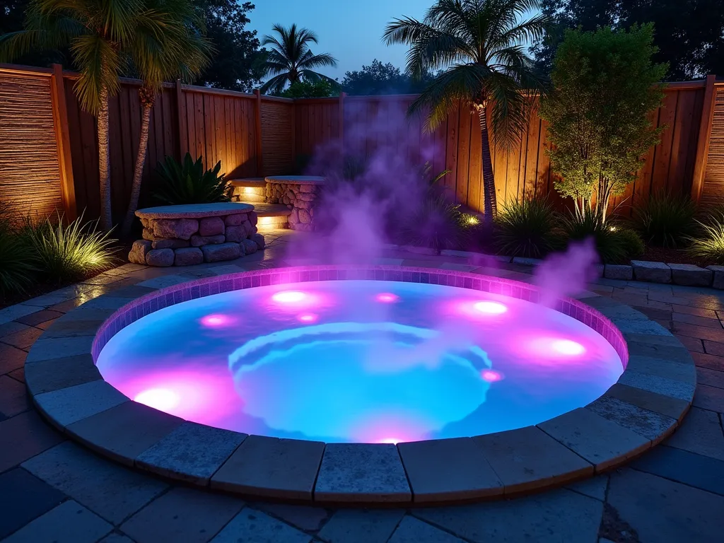 Enchanted Twilight Garden Tub LED Experience - A luxurious outdoor garden tub nestled within a private garden sanctuary at dusk, surrounded by natural stone walls and tropical foliage. The circular tub features multiple programmable LED lights creating a mesmerizing display of purple, blue, and turquoise hues that reflect off the water's surface and illuminate the surrounding space. Underwater lights create ethereal patterns beneath the water's surface, while subtle uplighting highlights the cascading water features and surrounding bamboo screens. The scene is captured from a 45-degree elevated angle, showcasing the seamless integration of modern lighting technology with natural elements. Steam gently rises from the water's surface, creating a mystical atmosphere enhanced by the strategic LED placement.