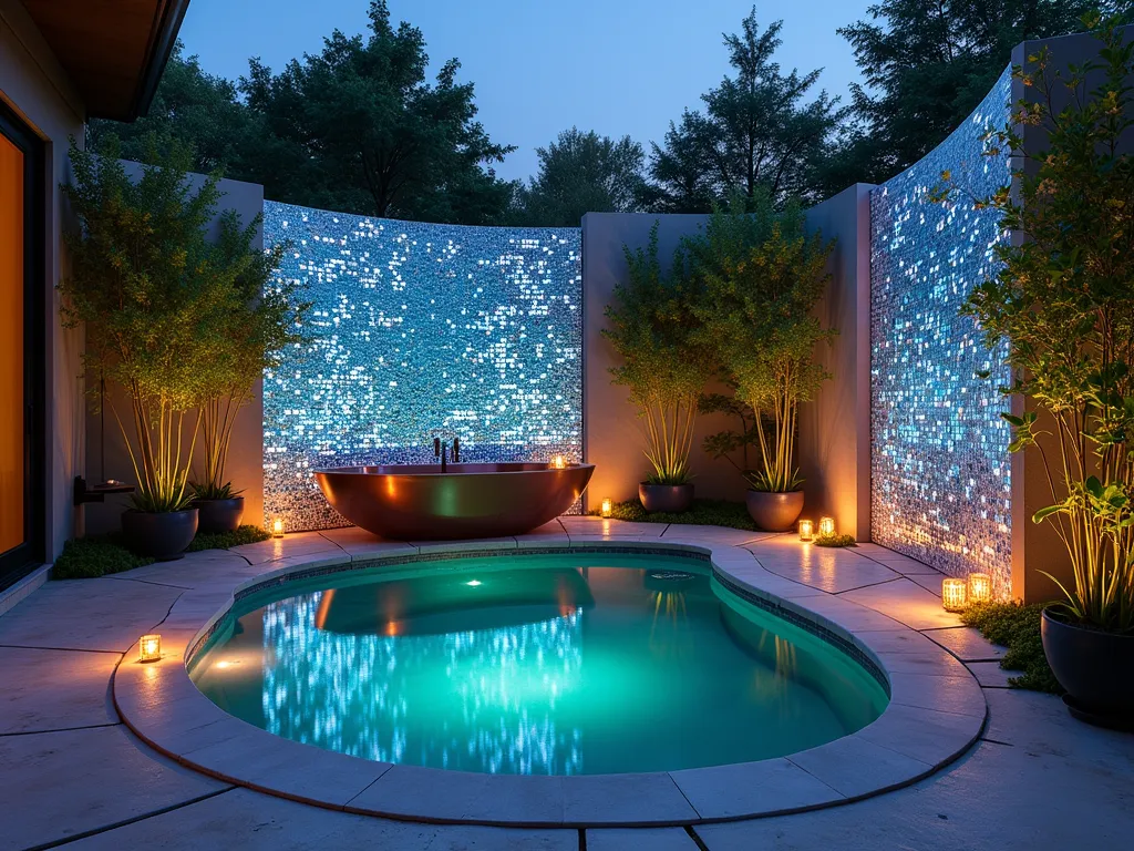 Luxurious Outdoor Garden Tub with Iridescent Mosaic Wall - A stunning wide-angle dusk photograph of a luxurious outdoor garden tub nestled within a private courtyard garden. The focal point is a breathtaking curved wall adorned with iridescent glass mosaic tiles in shades of deep blue, aqua, and pearl, creating a shimmering waterfall effect. The mosaic tiles catch the last rays of sunset, casting prismatic reflections across the natural stone patio. The freestanding copper soaking tub is positioned against the mosaic wall, surrounded by potted bamboo and cascading orchids. Soft landscape lighting illuminates the scene, while floating candles in the tub add a romantic ambiance. Shot with a 16-35mm lens at f/2.8, ISO 400, capturing the interplay of natural and artificial light on the reflective surfaces.