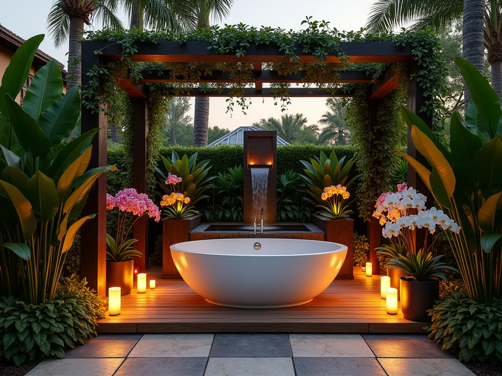 Luxurious Outdoor Tropical Garden Tub Sanctuary - A stunning dusk scene of an outdoor garden tub sanctuary, photographed in wide angle. A freestanding white soaking tub sits on a raised teak deck platform, surrounded by lush tropical vegetation. Towering palm trees frame the scene while large-leafed monstera and bird of paradise plants create intimate enclosure. Natural stone tiles lead to the tub area, accented by glowing lanterns. Multiple potted orchids in various colors rest on teak pedestals at different heights. A gentle waterfall feature trickles nearby, casting peaceful reflections in the golden hour light. Climbing vines with delicate flowers cascade from overhead pergola beams, creating a natural canopy. The scene captures the perfect blend of luxury spa aesthetics with tropical garden design.