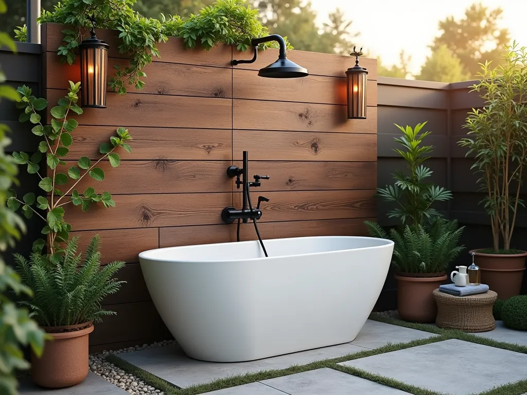 Rustic Wood Accent Wall Garden Tub - A luxurious outdoor garden tub sanctuary photographed at golden hour, featuring a dramatic weathered wood accent wall made of rich brown porcelain tiles with authentic grain patterns. The freestanding white soaking tub is positioned against the wall, surrounded by natural stone pavers. Industrial black metal fixtures, including a rainfall shower head and wall-mounted faucet, contrast beautifully with the rustic wood. Potted ferns and climbing jasmine add organic elements, while copper lanterns cast a warm glow. Shot from a wide angle perspective at f/2.8 to capture the interplay of natural light and textures, with soft bokeh effect in the background garden space.