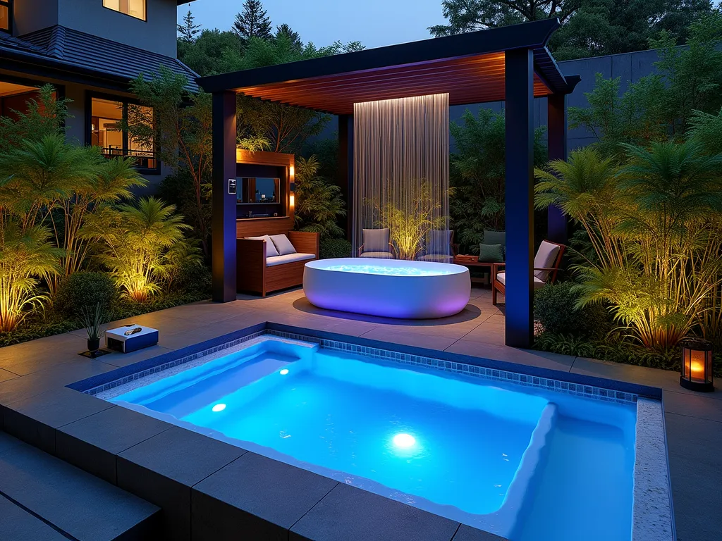 Modern Smart Garden Spa Retreat - A luxurious outdoor garden spa area at twilight, featuring a stunning freestanding soaking tub nestled among tropical plants. The tub is surrounded by sleek digital control panels and modern LED lighting strips that cast a soft blue glow. A waterproof smart speaker system is integrated into natural stone pillars, while a high-tech rainfall shower head with chromotherapy lighting hangs from a wooden pergola. Voice-activated water features create gentle cascades, and smart aromatherapy diffusers are discreetly placed among bamboo shoots. Modern glass privacy screens reflect the evening light, while Philips Hue landscape lighting illuminates the surrounding Japanese maples and ferns. Shot with a wide-angle perspective to capture the entire spa setting, with emphasis on the technological elements seamlessly blending with natural elements.