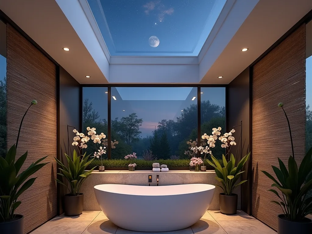 Twilight Garden Tub Sanctuary - A luxurious freestanding white soaking tub beneath a large modern rectangular skylight, photographed at twilight. The tub is positioned in a spa-like bathroom with natural stone tiles and bamboo privacy screens. Moonlight and stars visible through the skylight cast ethereal reflections on the tub's surface. Lush potted orchids and hanging ferns frame the tub, while motorized frosted glass blinds are partially retracted. Soft LED accent lighting illuminates the natural stone wall behind the tub. Captured with a wide-angle lens creating an atmospheric perspective that emphasizes the connection between interior luxury and the night sky. Professional DSLR photography with perfect exposure to balance the dim interior lighting with the dramatic twilight sky visible through the skylight.