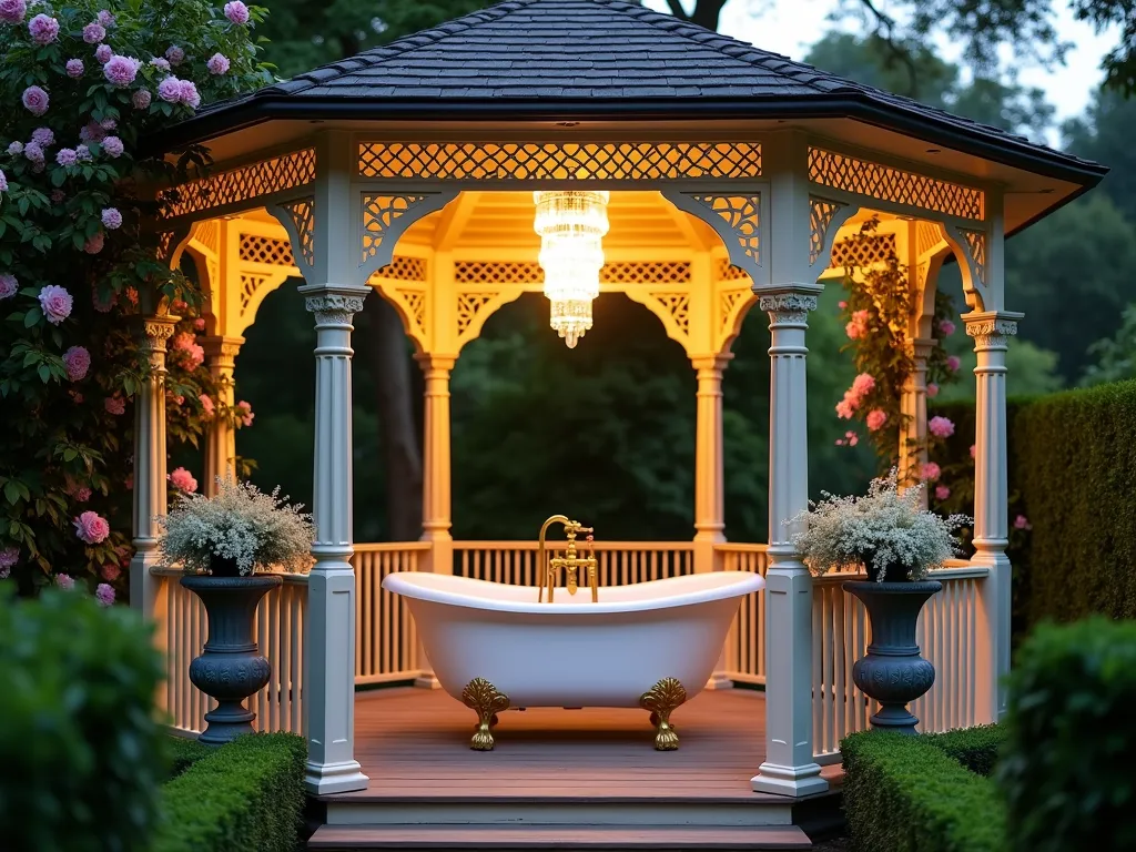 Victorian Garden Bathing Pavilion at Dusk - A romantic Victorian-style outdoor bathing pavilion in a lush garden setting at dusk, shot at f/2.8 with a 16-35mm lens. A pristine white clawfoot tub with ornate brass fixtures sits on an elevated wooden deck surrounded by climbing roses and wisteria. Detailed Victorian millwork adorns the pavilion's structure, featuring intricate lattice patterns and decorative spindles in cream and gold tones. Vintage brass lanterns cast a warm, intimate glow, while formal boxwood hedges and classical statuary frame the scene. Crystal chandeliers hang from the pavilion's peaked roof, creating magical light patterns. Captured from a wide angle to showcase the entire pavilion nestled within the garden landscape, with soft bokeh effects highlighting the surrounding foliage.