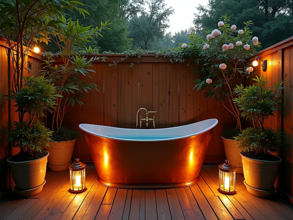 Vintage Copper Garden Tub in Outdoor Oasis - A luxurious freestanding copper garden tub with an antique patina finish nestled in a private outdoor bathroom sanctuary at dusk. The tub sits on a weathered teak deck platform surrounded by climbing jasmine and potted bamboo for privacy. Warm copper lanterns cast a gentle glow, while vintage-style brass fixtures add elegant detail. A handcrafted wooden privacy screen with climbing roses provides seclusion. The scene is captured from a wide angle showing the entire serene setting with soft twilight filtering through the natural canopy above. Crystal-clear water fills the tub, reflecting the warm metallic tones and creating an inviting spa-like atmosphere.