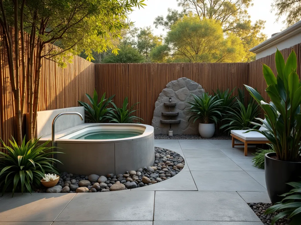 Zen Garden Tub Oasis - A serene outdoor garden tub sanctuary photographed at golden hour, featuring a luxurious freestanding soaking tub surrounded by smooth river rocks and natural stone tiles. The tub is nestled within a private deck area, with bamboo privacy screens and lush potted plants creating an organic spa atmosphere. Soft evening light filters through tall bamboo stems, casting gentle shadows across the stone-look porcelain tile flooring. A curved pebble pathway leads to the tub, while potted peace lilies and snake plants add tropical touches. Water trickles from a natural stone fountain, creating a tranquil ambiance. Shot with a wide-angle perspective to capture the entire peaceful setting, emphasizing the natural materials and organic flow of the space. 16-35mm lens, f/2.8, ISO 400, capturing the warm, golden light of sunset.