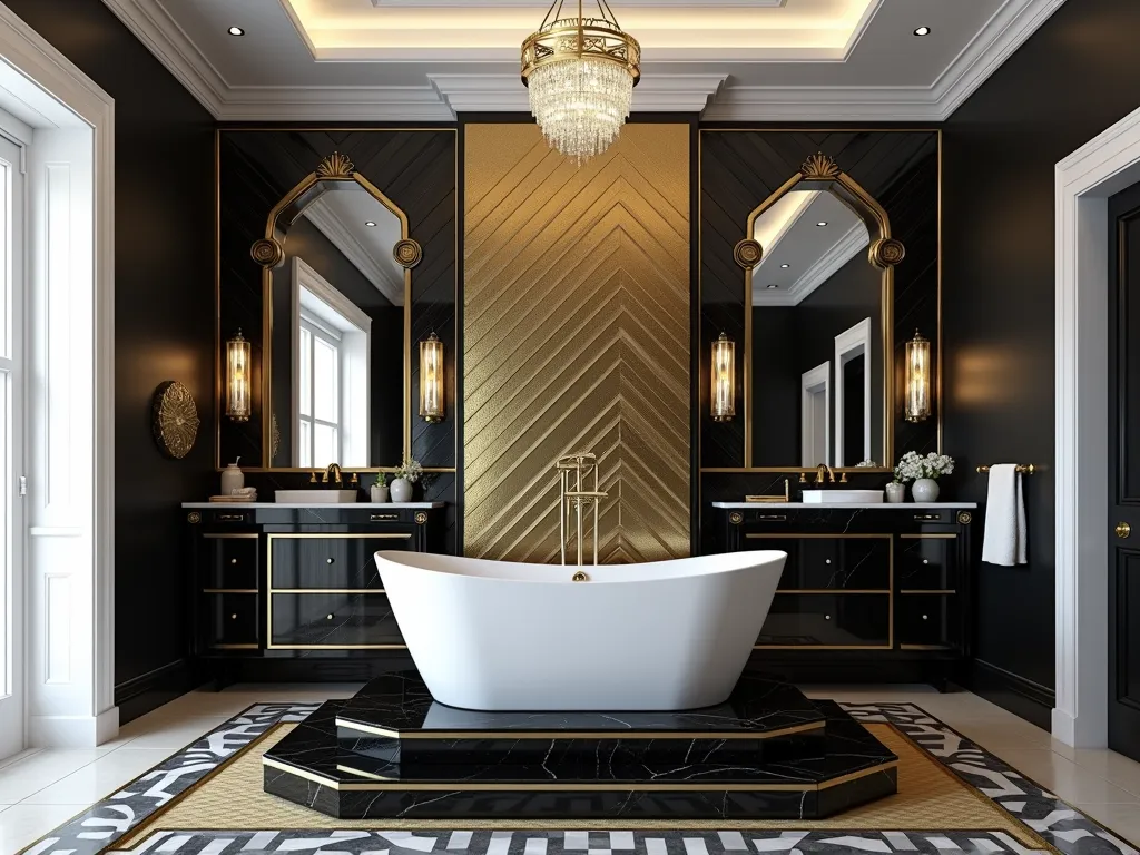 Art Deco Garden Tub Luxe - Photorealistic rendering of an elegant Art Deco bathroom featuring a large white freestanding garden tub on a black marble stepped platform. Gold geometric patterns adorn the walls, with black and gold chevron tiles creating a dramatic backdrop. Large beveled mirrors with angular gold frames flank the tub. Crystal chandelier with geometric patterns casts warm light. Black and gold towel rails and fixtures. Symmetrical design with clean lines and luxurious finishes. High ceiling with stepped crown molding. Ultra-high-end, architectural photography style, 8k resolution