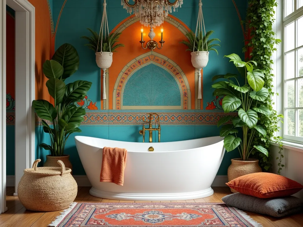 Bohemian Garden Tub Sanctuary - A luxurious bathroom featuring a white freestanding garden tub against a wall of vibrant Turkish tiles in jewel tones of blue, orange, and emerald. Macramé plant hangers suspend pothos and ferns from the ceiling, while brass fixtures and a vintage brass chandelier add warmth. Layered Persian rugs in rich colors rest on natural wood flooring. Large monstera plants and trailing ivy create a lush atmosphere. Natural light streams through a tall window, highlighting woven baskets, plush colorful towels, and scattered brass accessories. Textured throw pillows and a handwoven ottoman complete the eclectic, spa-like atmosphere. Photorealistic, interior design photography style.