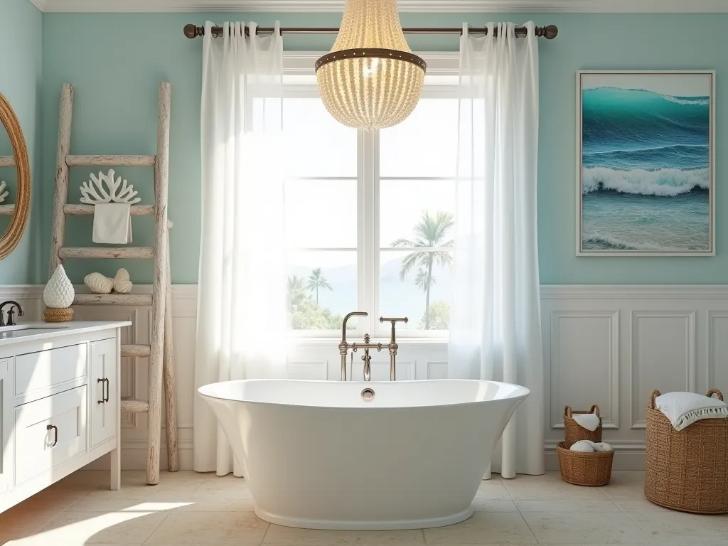 Coastal Garden Tub Retreat - A luxurious bathroom interior featuring a large white freestanding garden tub positioned near a window. The room is styled in soft coastal colors with pale blue walls, sandy beige tile flooring, and white trim. Above the tub hangs an elegant beaded shell chandelier casting a warm glow. Natural weathered wood accents appear in a storage ladder and vanity. Decorative elements include white coral sculptures, artfully arranged seashells, and a large coastal artwork featuring ocean waves in serene blues. Rope-wrapped mirrors and woven baskets add nautical touches. The scene is captured in photorealistic detail with natural light streaming through sheer white curtains, creating a spa-like atmosphere.