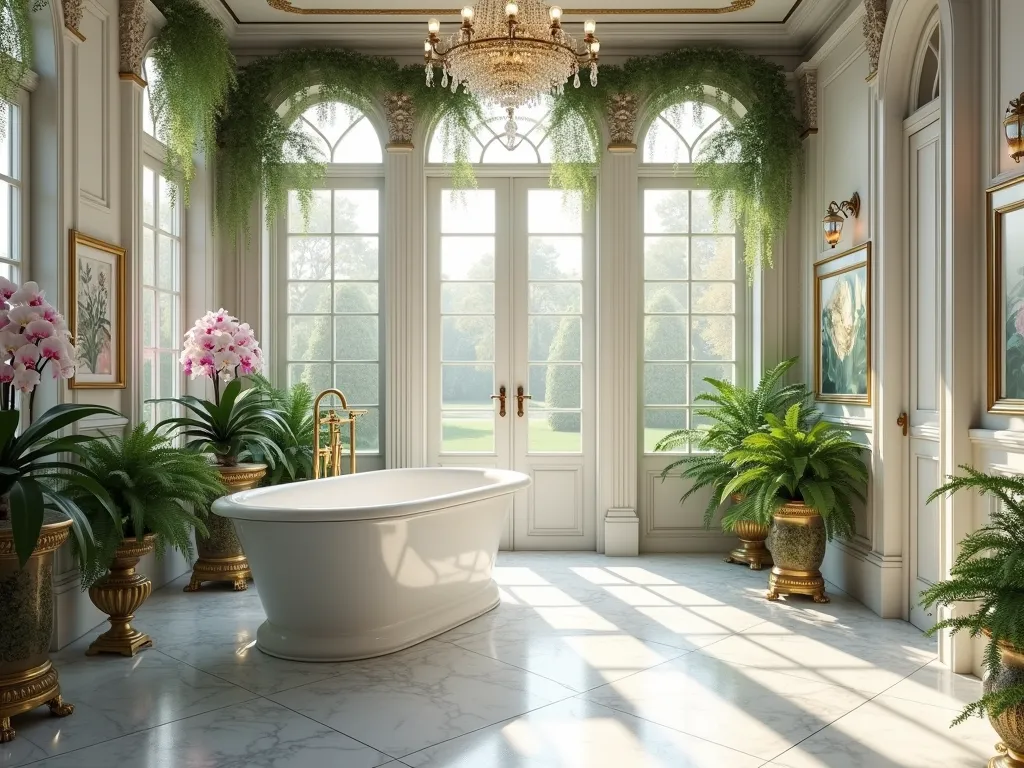 Luxurious Conservatory Garden Tub Retreat - Photorealistic interior of an elegant bathroom conservatory with a freestanding white garden tub, soaring glass ceiling and French doors flooding the space with natural light. Delicate climbing jasmine and wisteria vines frame antique wrought iron window frames. A Victorian brass plant stand displays lush ferns and orchids. Botanical prints in gilded frames adorn marble walls. Crystal chandelier, herringbone marble floors, and morning sunlight creating a dreamy, spa-like atmosphere. Architectural details include classical columns and crown molding. Hyper-detailed, soft natural lighting, 8k resolution.