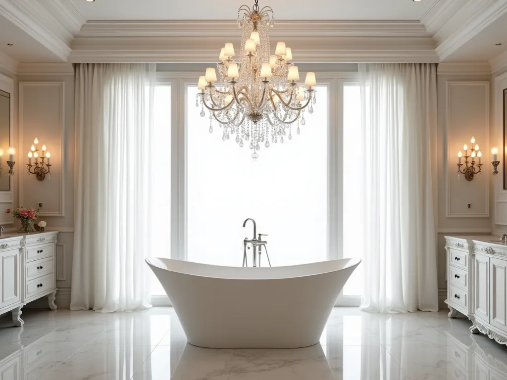 Elegant Crystal Chandelier Garden Tub - A luxurious modern bathroom featuring a large oval white garden tub beneath a stunning crystal chandelier with cascading tiers. The chandelier casts a warm, ambient glow across the marble-tiled bathroom. The freestanding tub sits against a backdrop of floor-to-ceiling windows with sheer white curtains. The scene is captured in a dreamy, sophisticated atmosphere with soft lighting and reflective surfaces. Polished chrome fixtures complement the crystal elements of the chandelier, creating a harmonious blend of luxury and refinement. The bathroom features high ceilings with crown molding, and the chandelier is the centerpiece of the space, creating an opulent spa-like atmosphere.