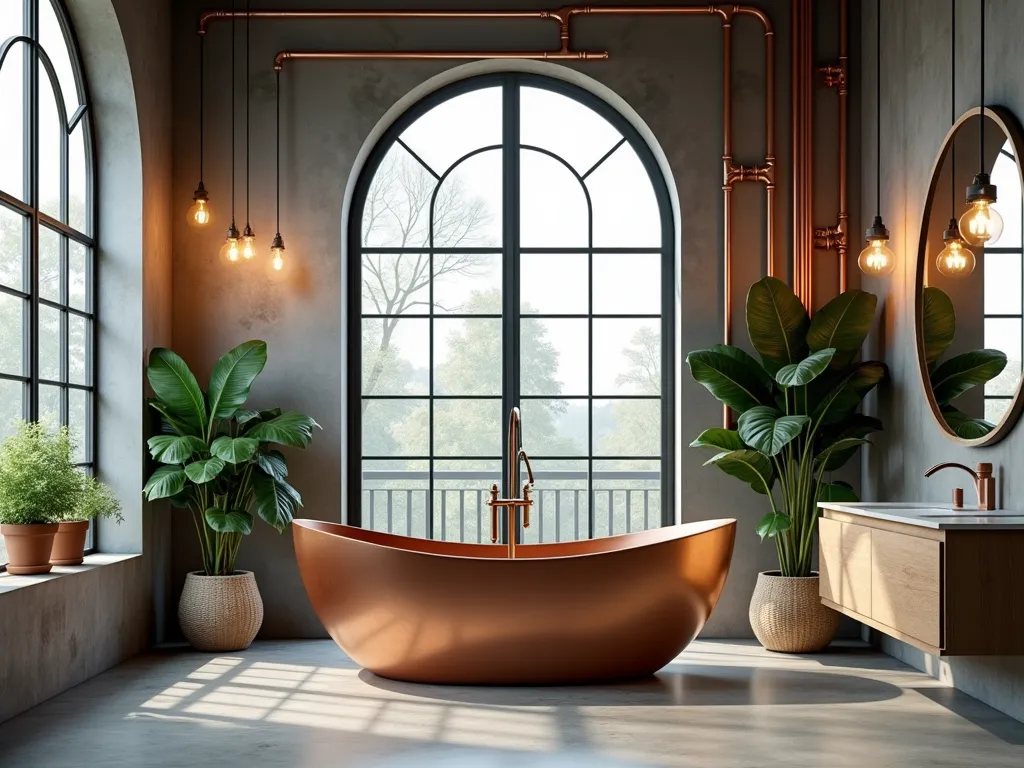 Industrial Chic Garden Tub Sanctuary - A luxurious freestanding copper bathtub centered in a modern industrial bathroom, elegant exposed copper pipes running along concrete walls, large factory-style black-framed windows flooding natural light, warm reclaimed wood floating shelves, potted monstera deliciosa and hanging pothos plants adding organic elements, polished concrete floors, pendant Edison bulb lighting, ultra-realistic 4k photography, architectural photography style