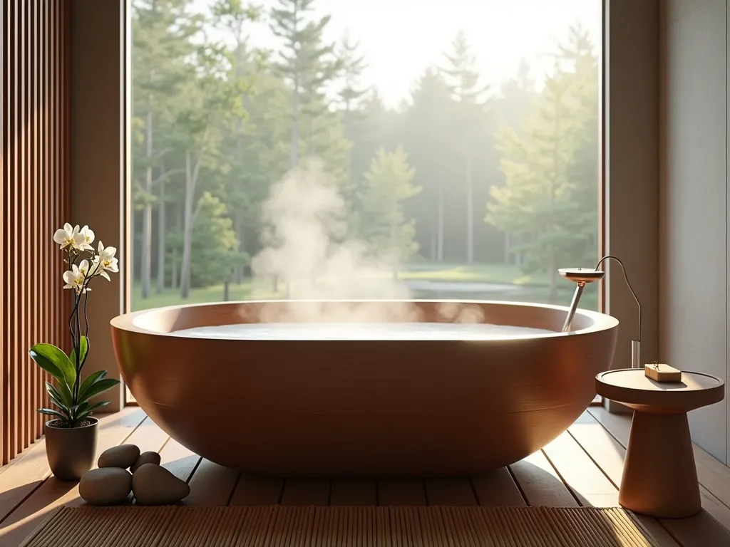 Zen Japanese Soaking Garden Tub - A luxurious deep soaking tub in Japanese ofuro style, crafted from hinoki wood and positioned near a large window. Natural light illuminates the peaceful bathroom space. A minimalist bamboo mat and wooden stool sit beside the tub. Smooth river rocks are artfully arranged with small potted bamboo plants and a single orchid. The space features clean lines and natural materials, with a wooden slatted floor panel beneath the tub. Soft, ambient lighting creates a serene atmosphere, with steam gently rising from the water, photorealistic, architectural photography style, 8k resolution