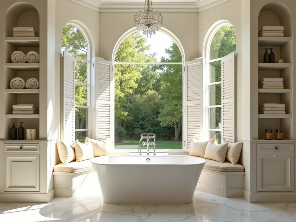 Luxury Garden Tub Alcove with Nature View - Elegant bathroom alcove featuring a freestanding white soaking tub beneath tall arched windows, overlooking a lush garden. White plantation shutters frame the windows, partially open to reveal mature trees and greenery. Natural light streams in, creating a serene atmosphere. Built-in white shelving units flank the tub, displaying plush towels and spa accessories. A comfortable window seat with plump ivory cushions sits beneath the windows. Marble flooring reflects light, while soft cream walls and crystal chandelier complete the luxurious spa-like atmosphere. Photorealistic, architectural photography style, warm natural lighting.