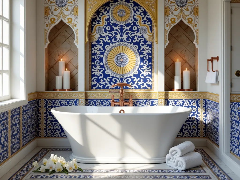 Mediterranean Luxury Garden Tub with Hand-Painted Tiles - Photorealistic interior of a luxury bathroom featuring a freestanding white garden tub surrounded by stunning hand-painted Mediterranean tiles in cobalt blue, sunshine yellow, and crisp white. Intricate geometric and floral Moorish patterns flow across the tile surround and up the wall as a backsplash. Built-in arched niches with mosaic tile detailing display elegant white candles and copper bath accessories. Natural light streams in from an unseen window, making the glazed tiles shimmer. The scene is styled with a rolled white Turkish towel and floating orchid blooms.