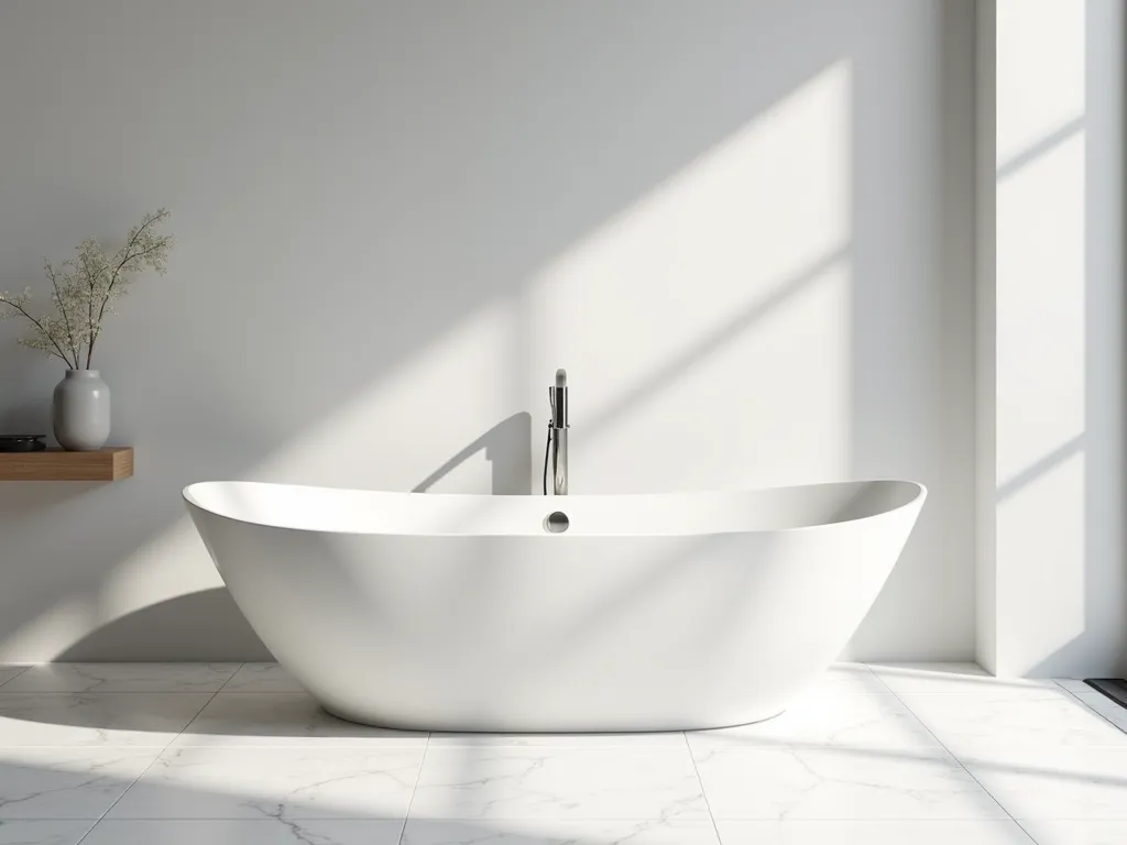 Minimalist Zen Garden Tub Sanctuary - A luxurious modern bathroom featuring a sculptural oval freestanding white garden tub, set against a smooth light grey wall. Natural light streams in through an unseen window, casting subtle shadows. A sleek chrome floor-mounted tub filler stands beside the tub. A single floating wooden shelf in light oak holds minimal accessories. The floor features large-format white marble tiles with subtle grey veining. The entire space embraces clean lines and monochromatic simplicity, creating a serene, spa-like atmosphere. Photorealistic, architectural photography style, soft natural lighting, 8k resolution.