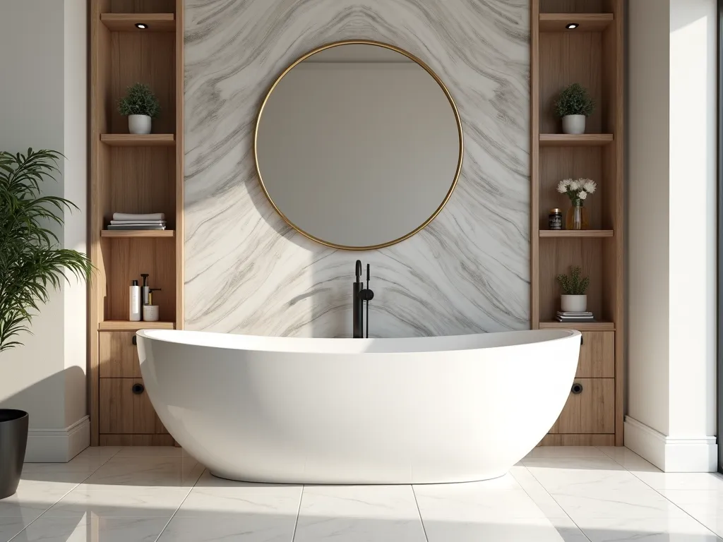 Modern Curved Garden Tub with Organic Elements - A luxurious modern bathroom featuring a large, curved freestanding garden tub in white porcelain with gentle, flowing lines. Behind the tub, a stunning wave-patterned tile accent wall in soft gray and white creates an organic, flowing pattern. A large, organically shaped mirror with a brushed gold frame hangs above. Built-in curved floating shelves in warm wood tones display spa accessories and small potted plants. Natural light streams in through a large window, casting gentle shadows across the contemporary space. Matte black fixtures and minimalist design elements complete the sophisticated look. Photorealistic, interior design photography style, soft natural lighting.