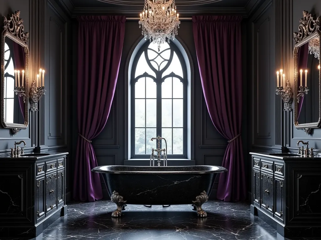 Modern Gothic Luxury Garden Tub - A dramatic luxury bathroom featuring a large freestanding black marble garden tub with ornate silver claw feet. Dark wood paneling and black marble tiles line the walls. Vintage-inspired silver fixtures include an elegant floor-mounted tub filler with crystal handles. Deep purple velvet curtains frame a tall arched window. Crystal chandelier casts dramatic shadows. Dark gothic-inspired metalwork details on mirror frame and wall sconces. Moody atmospheric lighting creates a sophisticated spa-like ambiance. High-end modern amenities blend seamlessly with gothic architectural elements. Photorealistic, architectural photography style, dramatic lighting.