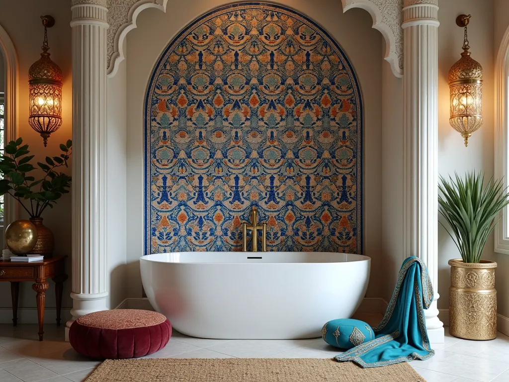 Luxurious Moroccan Garden Tub Sanctuary - A luxurious bathroom featuring a large freestanding white garden tub against a backdrop of intricate blue and gold Moroccan zellige tiles in a geometric pattern, arched alcove with brass metalwork screens, warm ambient lighting from ornate hanging copper lanterns, plush burgundy and gold poufs, rich turquoise and gold textiles draped elegantly, carved wooden accent table with hammered brass tray, photorealistic, architectural photography style, soft natural lighting, 8k resolution