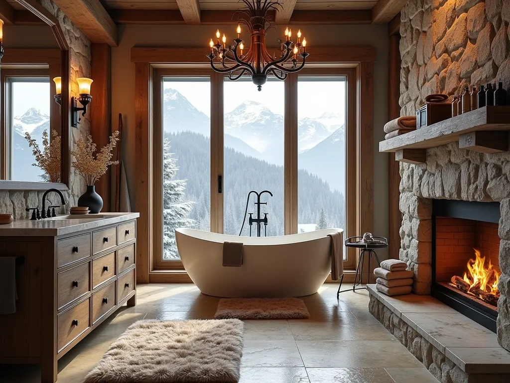 Luxurious Mountain Lodge Garden Tub Retreat - Photorealistic interior of a luxurious mountain lodge bathroom, featuring a large oval garden tub positioned near a floor-to-ceiling natural stone fireplace. The tub is surrounded by rough-hewn timber beams and wrought iron fixtures. Large windows reveal snow-capped mountains. The bathroom features warm, earth-toned natural stone flooring and walls. Plush faux fur bath mats and throws add texture. Alpine-inspired decor includes antler chandelier, vintage ski accessories, and rustic wooden elements. Warm, ambient lighting creates a cozy atmosphere. Ultra-detailed, architectural photography style.