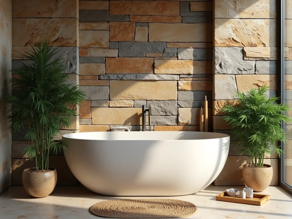 Luxury Stone Garden Tub Retreat - Photorealistic rendering of an elegant oval freestanding garden tub nestled against a dramatic natural stone wall, featuring stacked irregular stones in warm earth tones from floor to ceiling. The tub is positioned in front of large textured stone pieces in varying shades of slate gray, tan, and bronze. Lush potted bamboo plants and hanging ferns frame the tub, while natural wooden accessories including a teak bath caddy and floor mat add organic warmth. Soft, ambient lighting casts gentle shadows on the stone texture, creating a serene spa-like atmosphere. The scene is captured from a 3/4 angle to showcase both the stone detail and the tub's curved form.