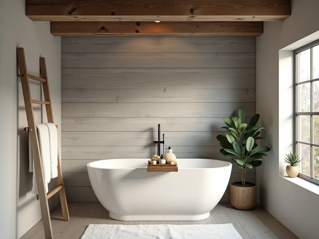 Rustic Luxury Garden Tub with Wood Accents - A luxurious freestanding white soaking tub in a spa-like bathroom, surrounded by rustic design elements. Exposed wooden ceiling beams crafted from reclaimed barn wood stretch across the ceiling. One wall features weathered horizontal shiplap boards in a warm gray tone. A handcrafted wooden bath caddy spans the tub, holding artisanal soaps and a natural loofah. A vintage-style wooden ladder leans against the wall, draped with plush white towels. Natural light streams through a nearby window, casting warm shadows across the rustic wood elements. The room features a mix of textures - smooth porcelain, rough wood, and soft textiles. A small potted eucalyptus plant adds a touch of green. Photorealistic, interior design photography style.