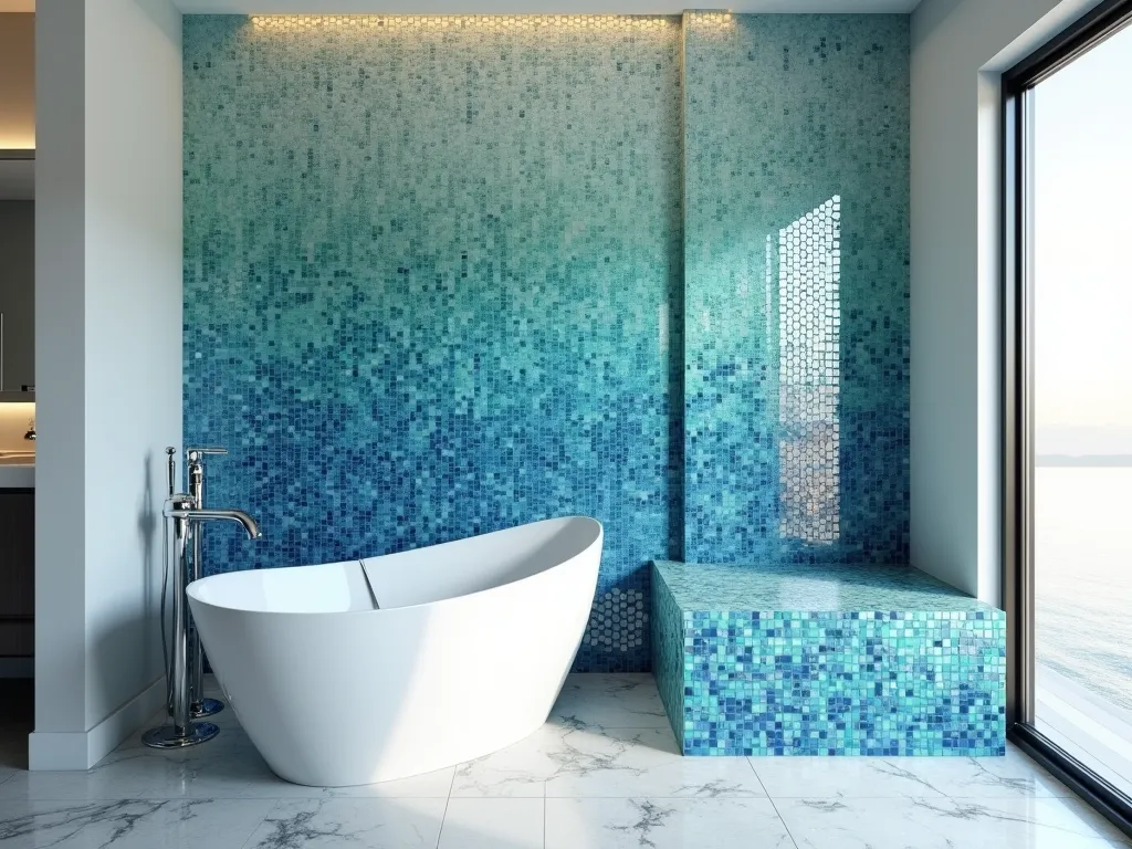 Shimmering Ocean Mosaic Garden Tub - Luxurious modern bathroom featuring a freestanding white garden tub against a stunning floor-to-ceiling glass mosaic wall in graduated shades of blue, turquoise, and seafoam green. The mosaic tiles create a shimmering waterfall effect descending onto the tub surround, catching natural light from a nearby window. The tiles have an iridescent finish that creates a mesmerizing play of light across their surfaces. The mosaic pattern transitions from deep ocean blues at the top to lighter aqua tones near the tub, creating a serene spa-like atmosphere. Sleek chrome fixtures complement the contemporary design. Photorealistic, interior design photography style.