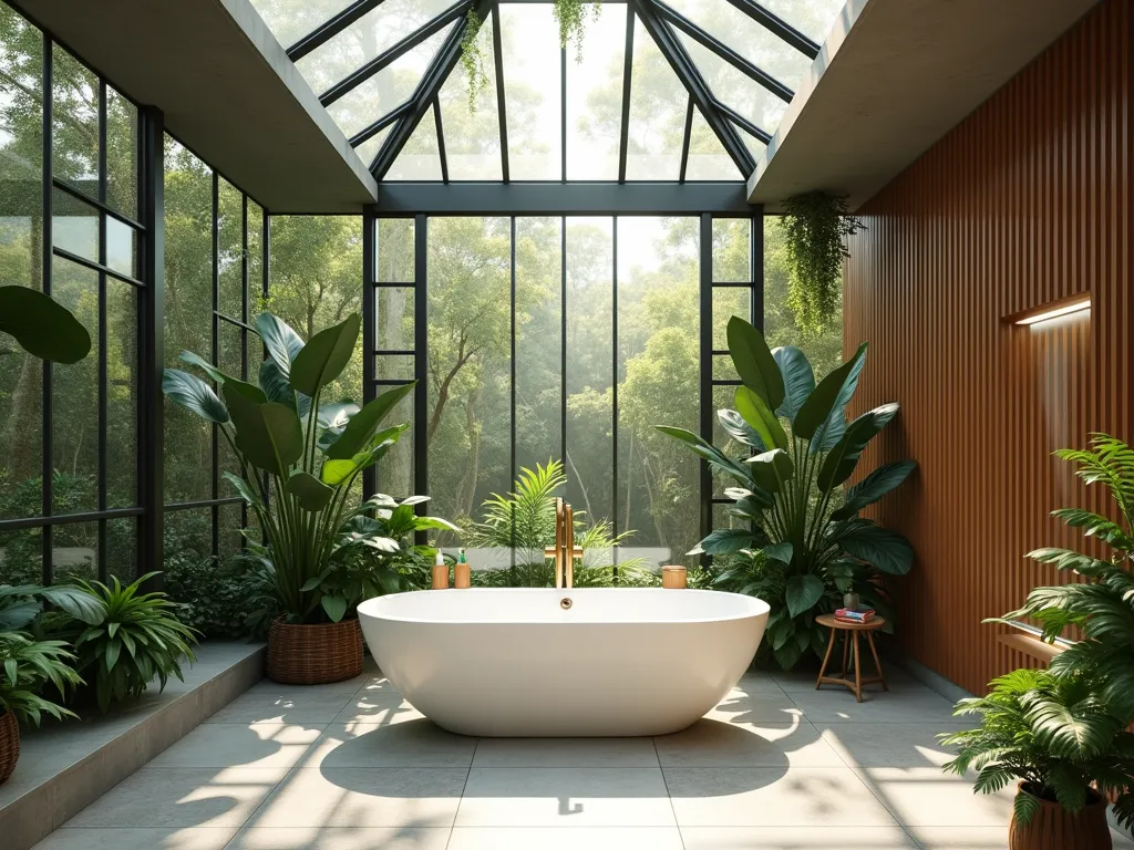 Tropical Greenhouse Bathroom Sanctuary - A luxurious modern bathroom featuring a large freestanding white soaking tub centered beneath a dramatic glass ceiling skylight. The bathroom is enclosed by floor-to-ceiling glass walls creating a greenhouse effect, with lush tropical plants including monstera, bird of paradise, and hanging ferns surrounding the tub. Natural stone slate flooring in warm grey tones and teak wood accents on the walls provide an organic foundation. Dappled sunlight streams through the glass ceiling, creating an ethereal spa-like atmosphere. The space has a clean, contemporary design with a strong indoor-outdoor connection, styled with minimalist fixtures in brushed gold. Photorealistic, architectural photography style, warm natural lighting.