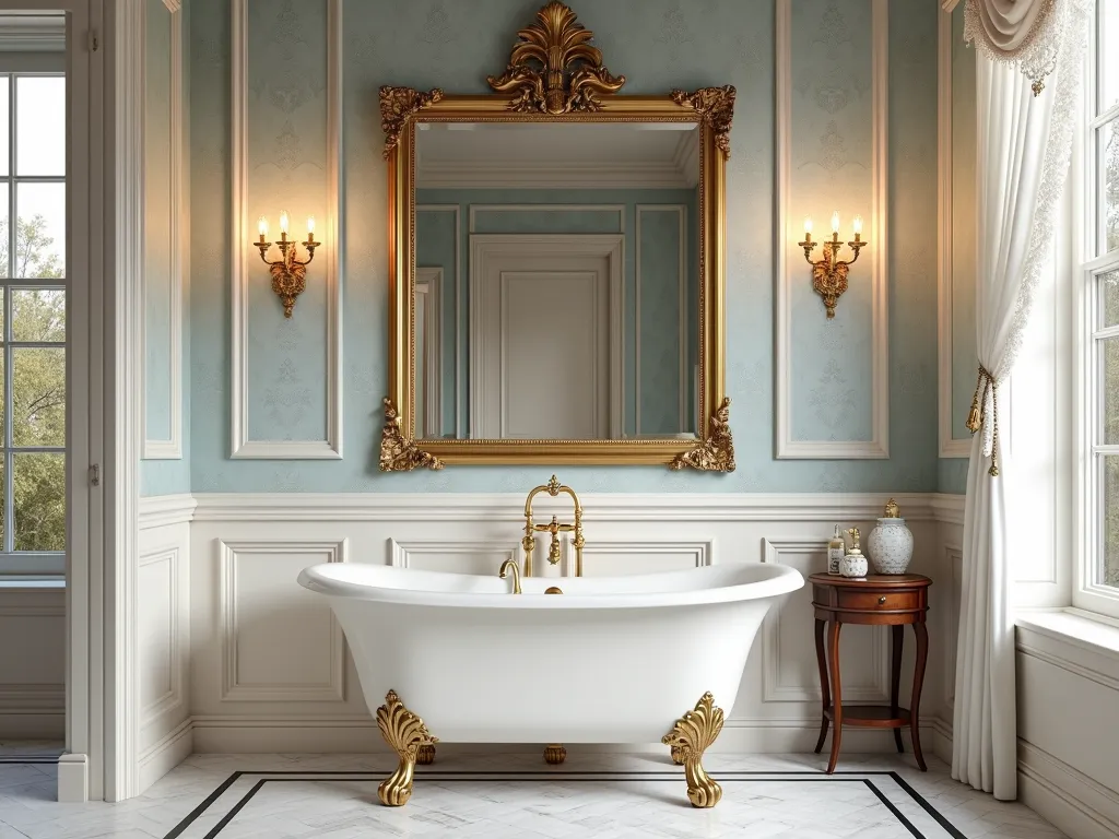 Victorian Luxury Garden Tub - A luxurious Victorian bathroom interior featuring a white porcelain clawfoot tub with brass hardware, centered beneath a large ornate gold-framed mirror. Crystal wall sconces emit warm light against pale blue damask wallpaper. Intricate crown moldings and wainscoting in cream white. Marble herringbone floor tiles with black accents. A mahogany side table holds vintage-style bath accessories. Large sash windows with lace curtains. Photorealistic, architectural photography style, warm evening lighting, 8k resolution.